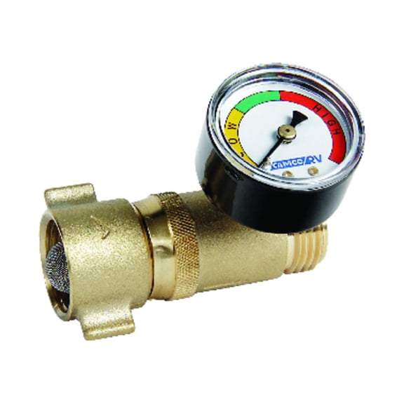 Camco RV Water Pressure Regulator with Gauge | Easily Attaches with 3/4-inch Garden Hose Threads | Brass (40064)