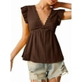 thumbnail image 3 of Women'S Lace Trimmed V Neck Ruffled Sleeve Flared Eyelet Tank Blouse Top Coffee Color L, 3 of 7