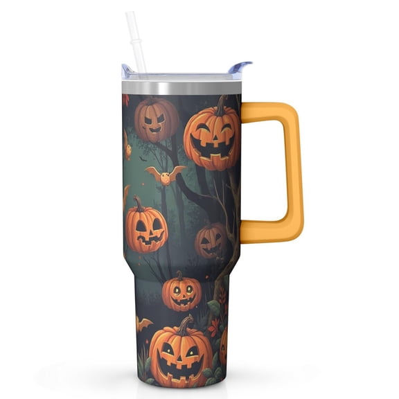 40oz Halloween Tumbler with Handle – Haunted Pumpkin Drinkware with Lid and Straw – Gothic Travel Cup – Halloween Party Gifts
