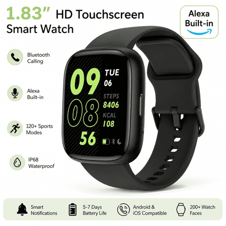 Smart Watch for Women and Men Compatible with Android and iOS, 1.83" HD Touchscreen Smartwatch with Alexa Built-in, Bluetooth Calling, IP68 Waterproof, 120+ Sports, Black