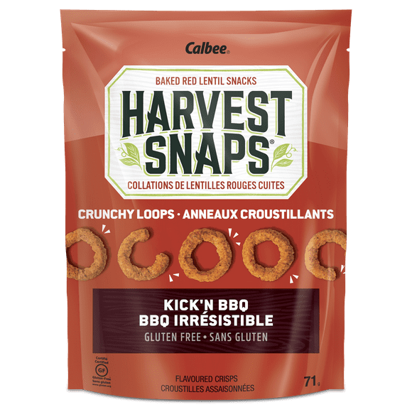 Harvest Snaps Crunchy Loops Kick'n Barbecue 71g Harvest Snaps Crunchy Loops Baked Red Lentil Snacks, Kick’N BBQ, Sans gluten