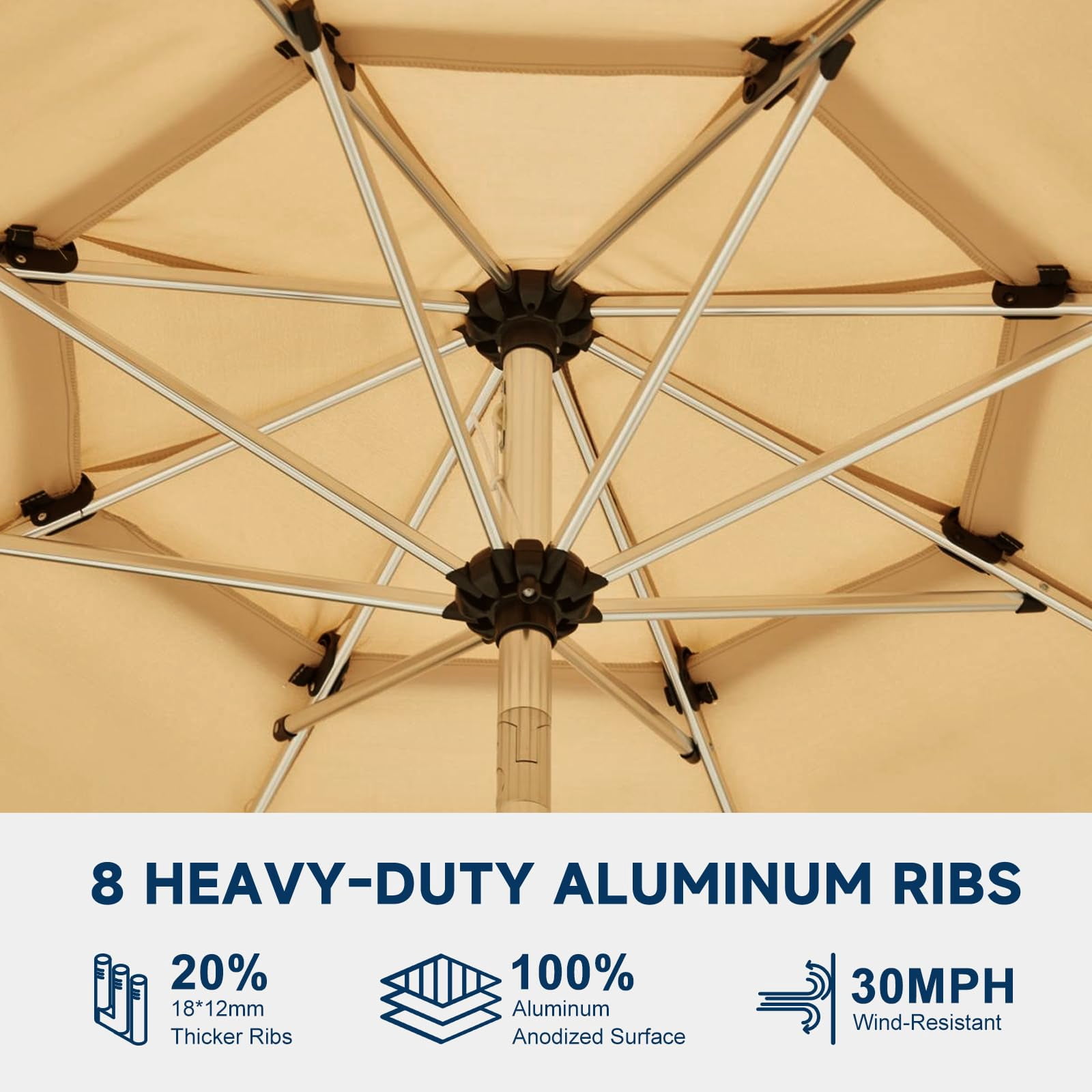 9FT 3-Tier Aluminum Outdoor Patio Umbrella, Fade-Resistant Market Umbrella with Push Button Tilt Function, 8 Sturdy All-Aluminum Ribs for Gardens, Patios, Backyards & Pools (Beige)