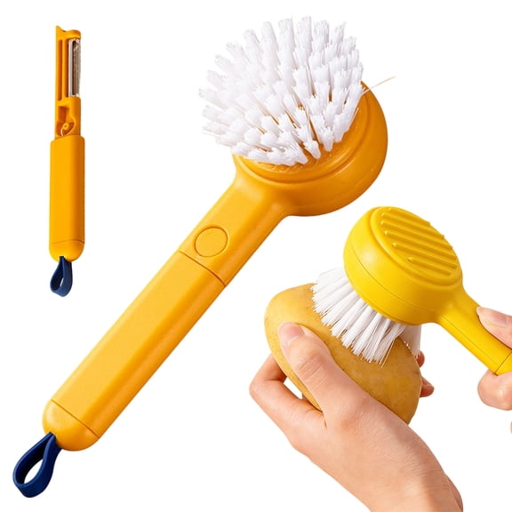Shiogb Vegetable Cleaner Brush Scrubber, Good Grip Long Handle Cleaning Brush with Peeler, 2-in-1 Veggie Wash Brush, Kitchen Gadget