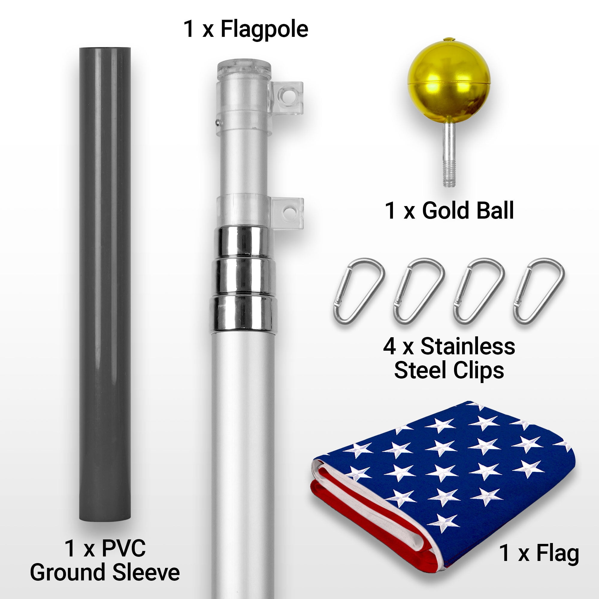 G128 Combo Pack: 16 Ft Telescoping Aluminum Flagpole (Silver) & American USA Flag 3x5 Ft, ToughWeave Series Embroidered 210D Polyester | Pole with Flag Included