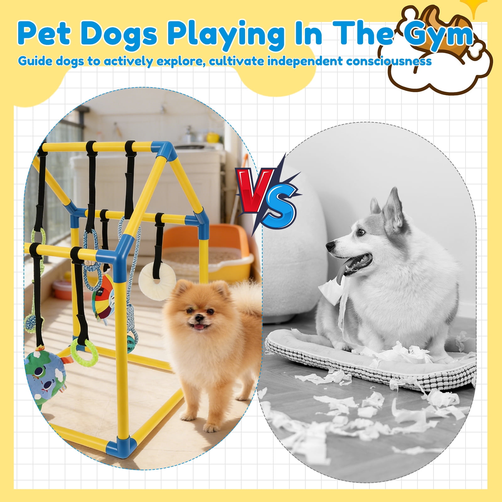 Ikoopy Puppy Play Gym with 8 Hanging Toy Indoor Jungle Gym Toy for Small Dog with PVC Frame and Bungee Strap for Entertainment Funny Teething and Mental Stimulation