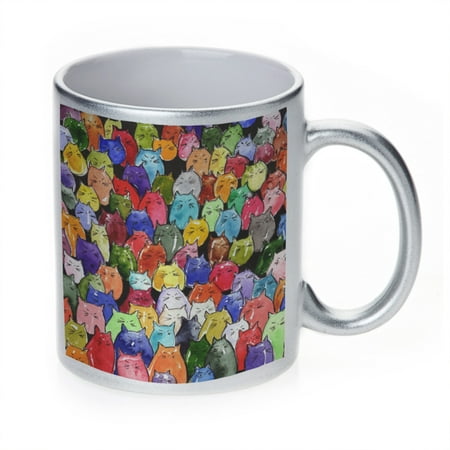 

KuzmarK Silver Sparkle Coffee Cup Mug 11 Ounce - Jelly Bean Kitties Abstract Cat Art by Denise Every