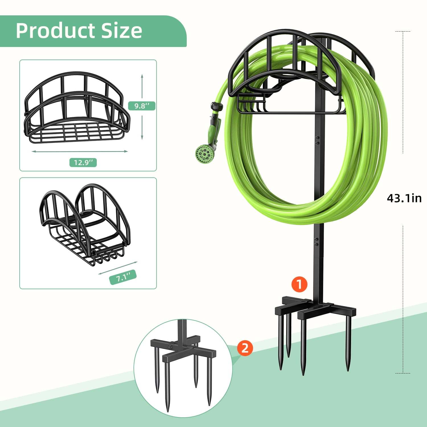 Garden Hose Holder, Water Hose Stand Freestanding Metal Hose Hanger with Tool Storage Basket, 4 Spikes Detachable Heavy Duty Hose Storage Stand for Outdoor