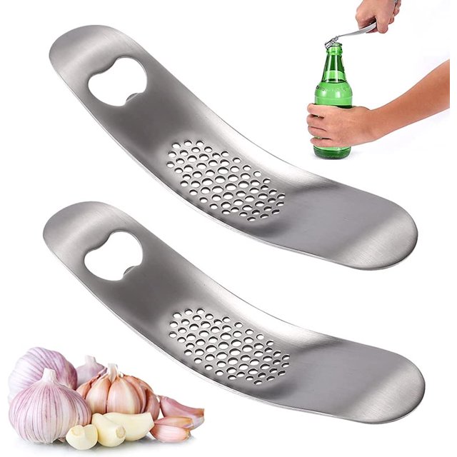 La prensa de ajo de acero inoxidable doblada multifuncional de 2 piezas se puede usar como abridor de botellas para utensilios de cocina para lavavajillas, súper resistente y duradero ER