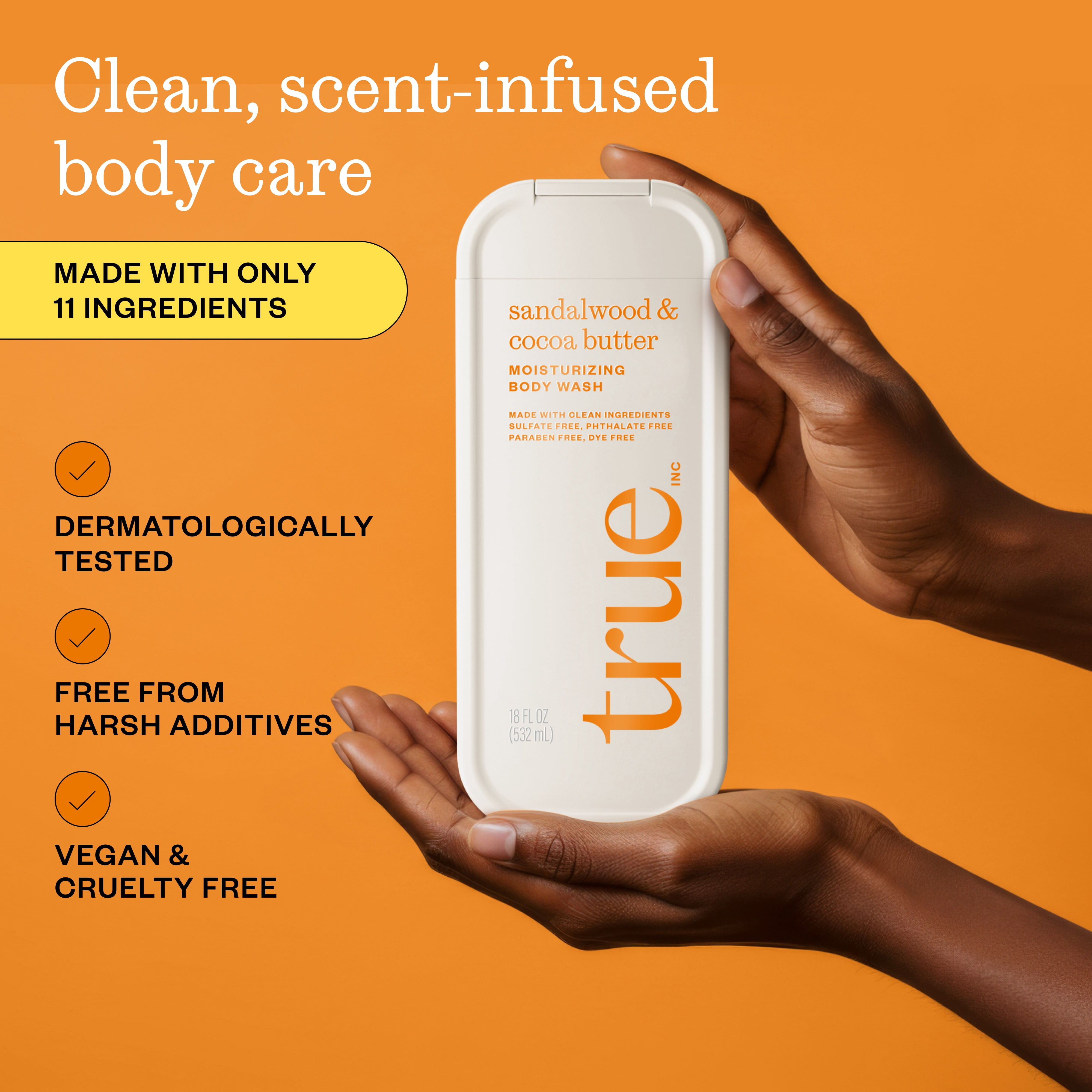 (6 pack) True Sandalwood & Cocoa Body Wash, Sulfate-Free, Moisturizing and Hydrating Formula for Women & Men, 18 fl oz