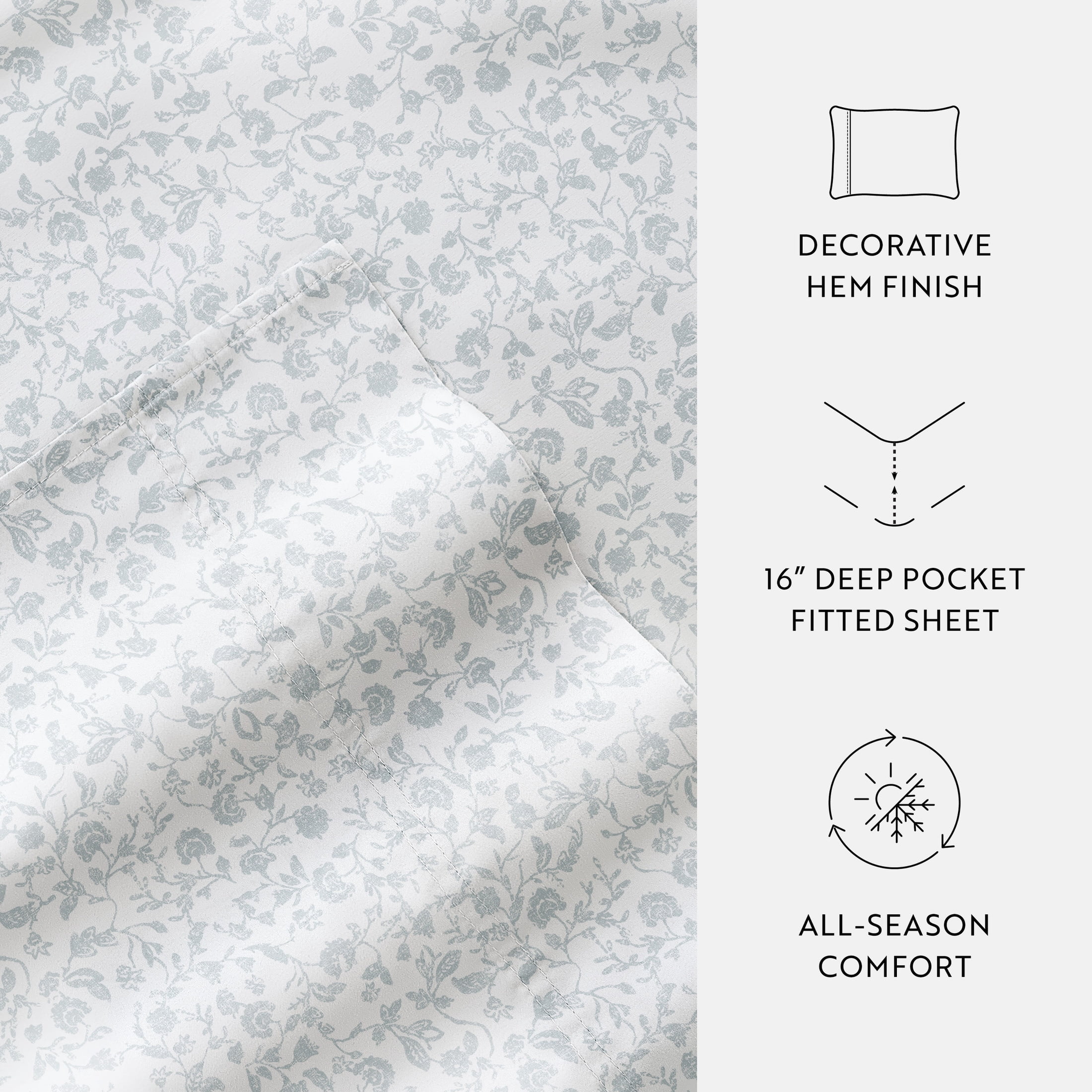 Noble Linens 4 Piece 300TC Cotton Printed Sheets, Rustic Jacobean Light Blue, Queen