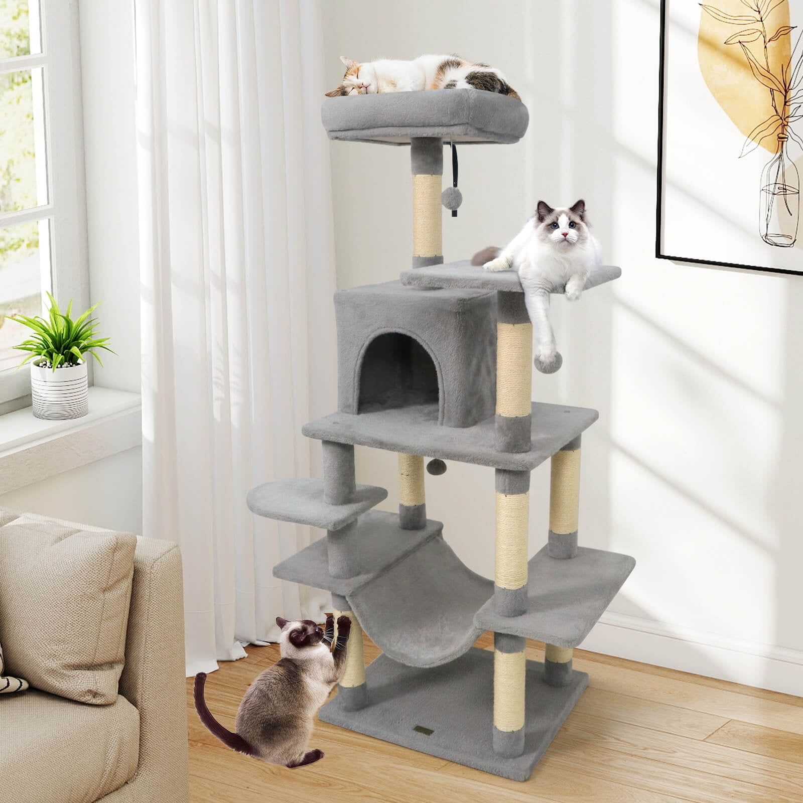 Costway 58” Tall Multi-level Cat Tree with Upholstered Perch & Cat Condo, Comfy Hammock Light Gray