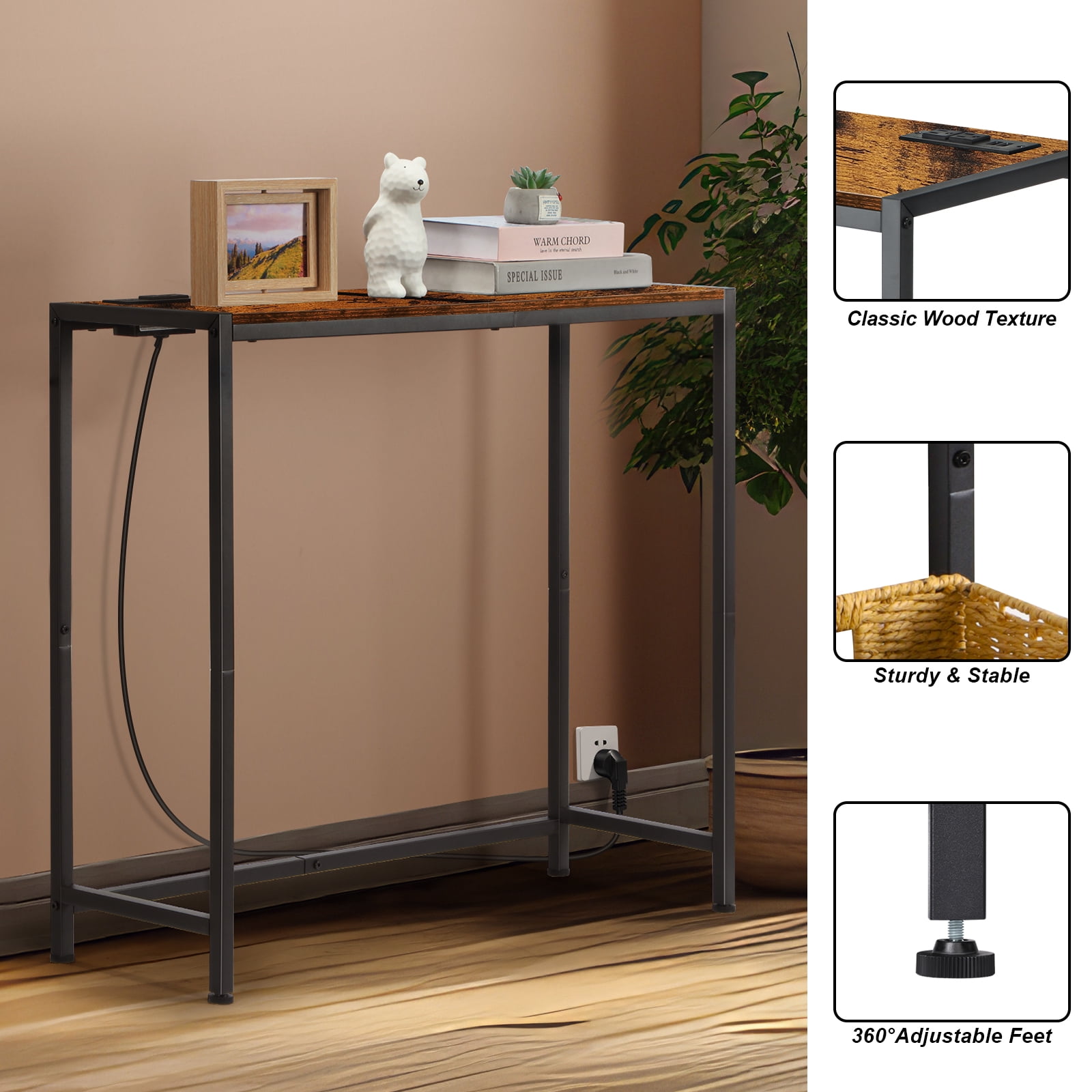 Sofa Table with Charging Station, 33.9 Inch Narrow Console Table with 2 Outlets & 2 USB Ports, Entryway Hallway Table Behind Couch, Suitable for Living Room, Bedroom