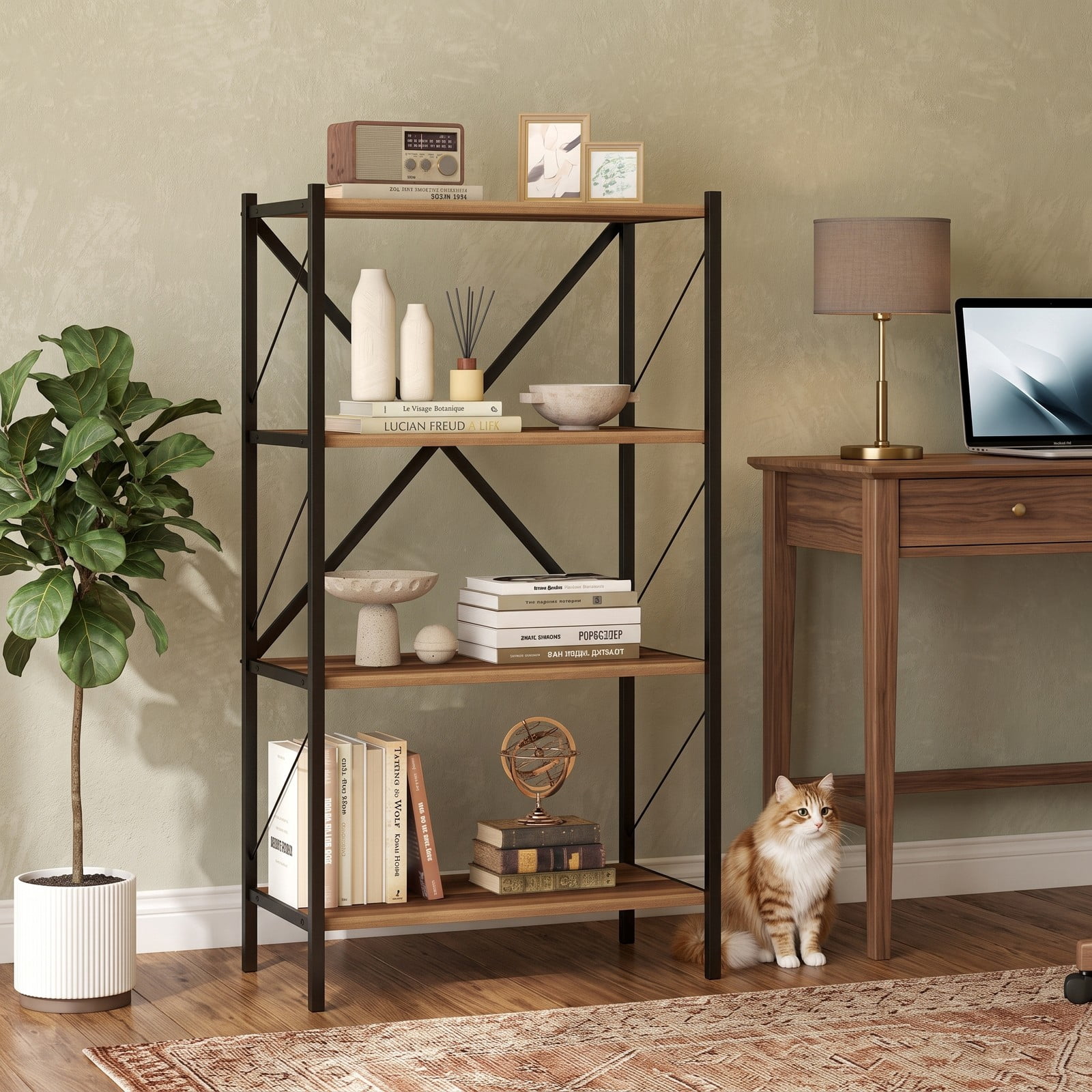 Furnibear 4-Tier Bookshelf with Heavy-Duty Metal Frame, X-Braced Freestanding Storage Bookcase Organizer Plant Stand for Living Room Bedroom Home Office, Walnut