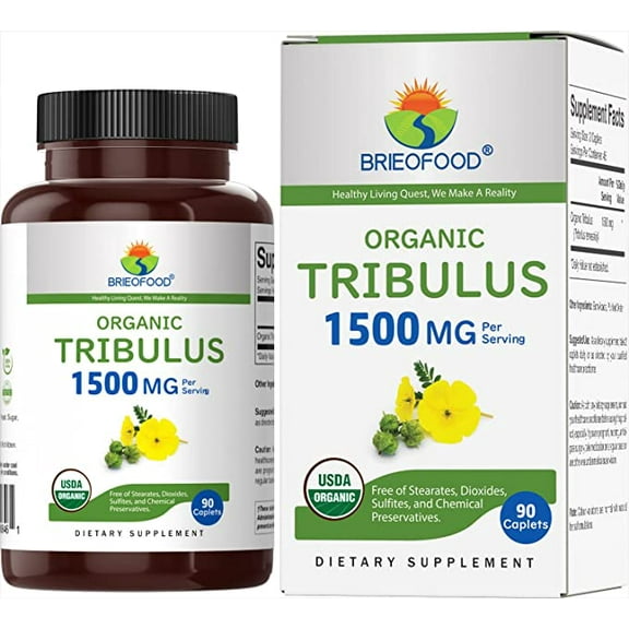 Brieofood Organic Tribulus 1500mg, 45 Servings, Vegetarian, Gluten Free, 90 Vegetarian Tablets