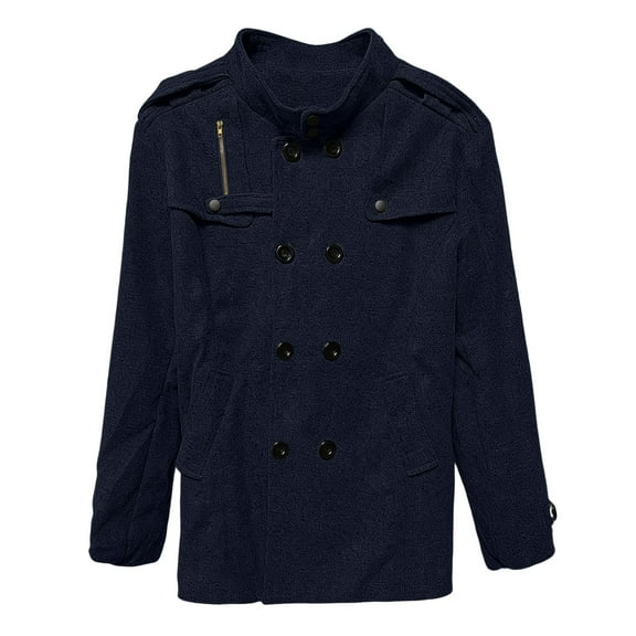Men's Pea Coats Stand Collar Double Short Trench Coat Navy L