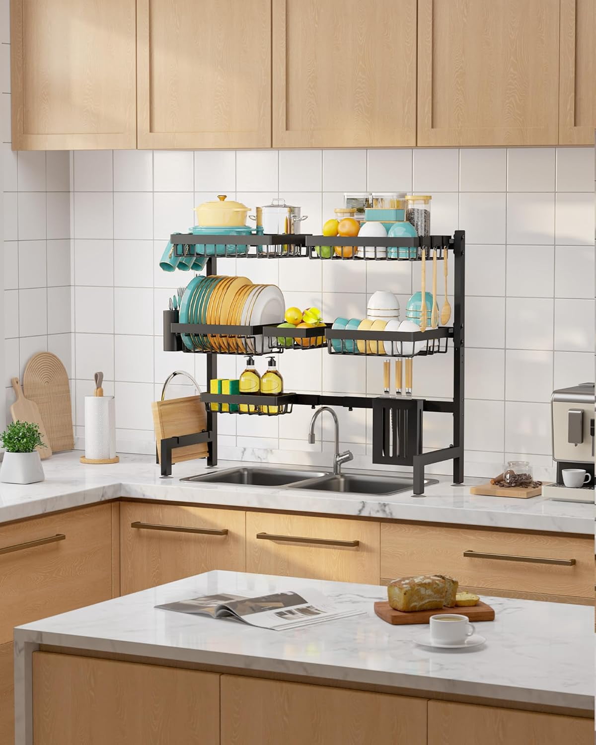Over The Sink Dish Drying Rack - Adjustable 2 Tier X-Large Capacity Stainless Steel Drainer with Cutlery & Utensil Holders, Kitchen Storage & Organization