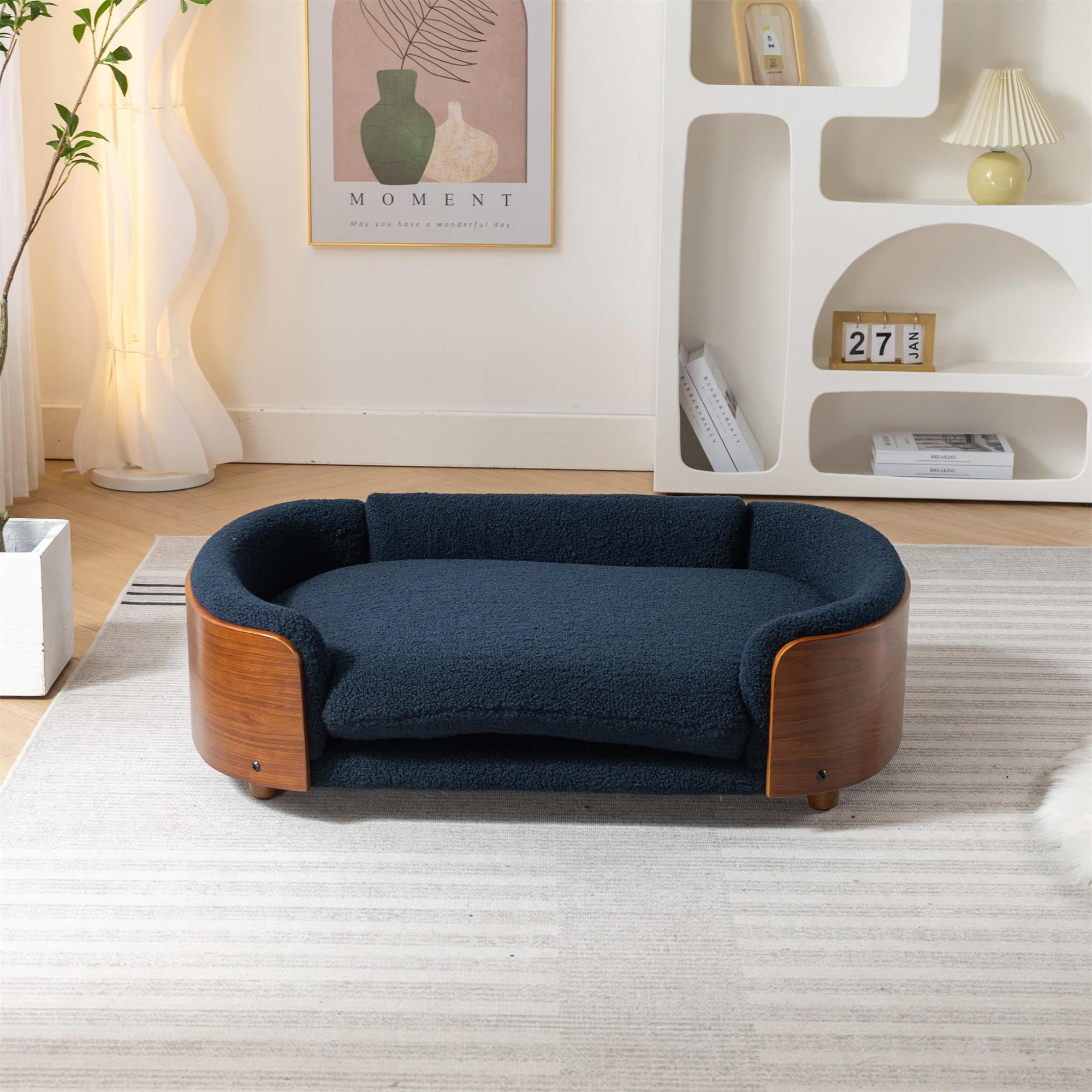 Pefilos 38" Pet Sofa for Indoors Dogs, Cat and Dog Bed with Solid Wood Legs and Walnut Bent Wood Back, Cashmere Cushion, Blue Pefilos 38" Pet Sofa for Indoors Dogs, Cat and Dog Bed with Solid Wood Legs and Walnut Bent Wood Back, Cashmere Cushion, Blue