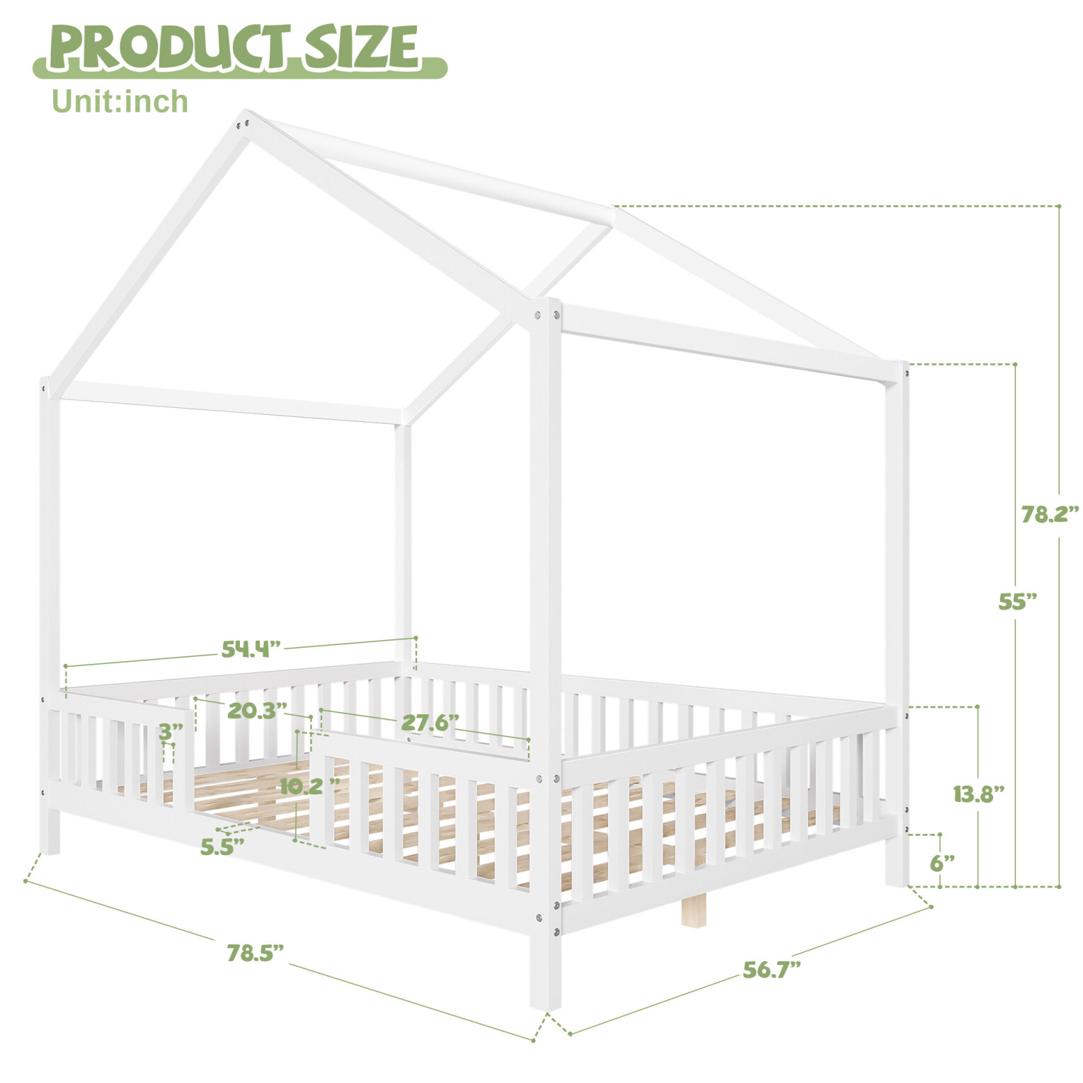 Full Size Montessori Floor Bed with Canopy, Wooden House Shape Toddler Bed with High Railings and Roof, Full Bed Frame for Kids Bedroom, White