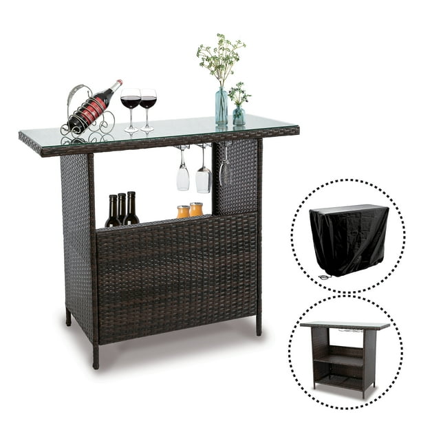 Outdoor Patio Rattan Wicker Bar Counter Table Tempered Glass Tabletop w