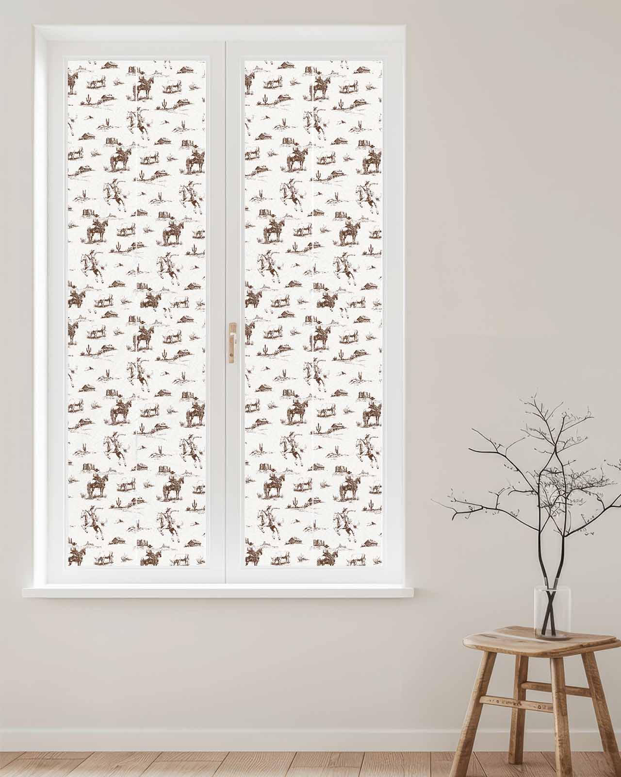 Window Privacy Film Brown Western Cowboy Stained Glass Window Film Decorative Sun Block Window Cover Farmhouse Vintage Ethnic Art Window Clings Static Adhesive Sticker for Bathroom 29.5"x118"