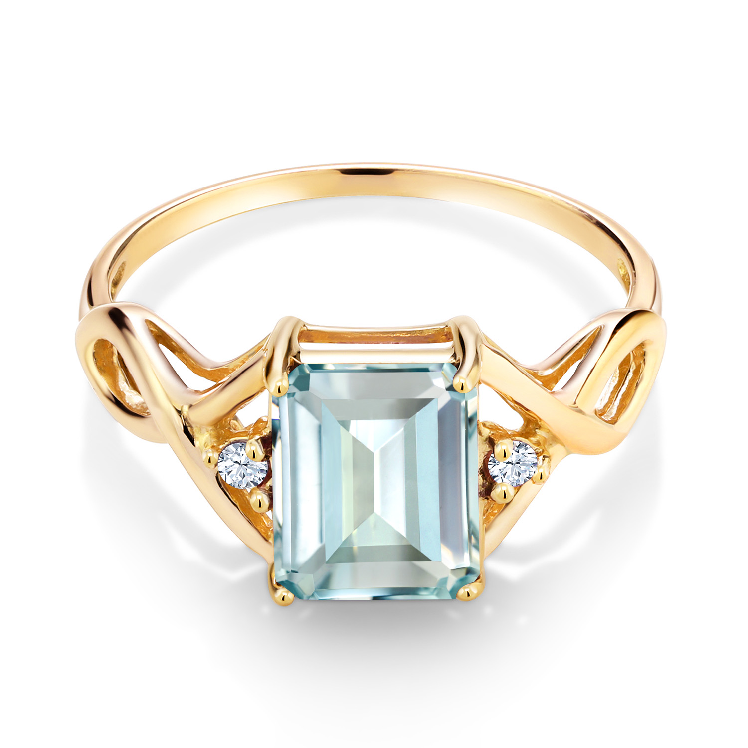 Gem Stone King 2.33 Ct Sky Blue Simulated Aquamarine and White Created Sapphire 3-Stone Ring for Women | 18K Yellow Gold Plated Silver | Wedding Engagement Anniversary Promise Ring for Women | Size 6