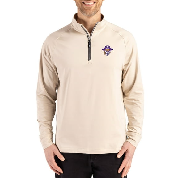 Men's Cutter & Buck Cream ECU Pirates Vault Logo Adapt Eco Knit Stretch Raglan Quarter-Zip Pullover