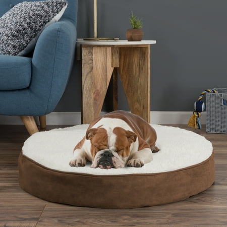 Round Pet Bed- Memory Foam Pillow Top Reversible Cat and Dog Bed with Removable Sherpa / Micro-Suede Machine Washable Cover by