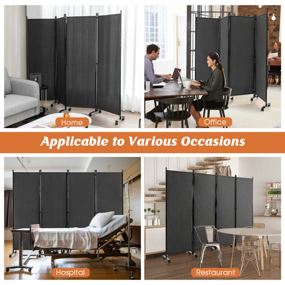 Kadyn Partition Room Dividers,Privacy Screen, 4-Panel Folding Room Divider 6 Feet Rolling Privacy Screen with Lockable Wheels-Gray