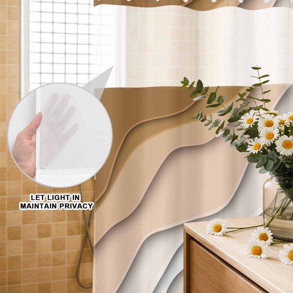 No Hook Shower Curtain with Built-in Rings - Beige Brown Beach Coastal Washable Waterproof Fabric Bathroom Curtains for Hotel,Rentals, 72 X 72 Inch Long , Abstract Geometric Ocean Waves