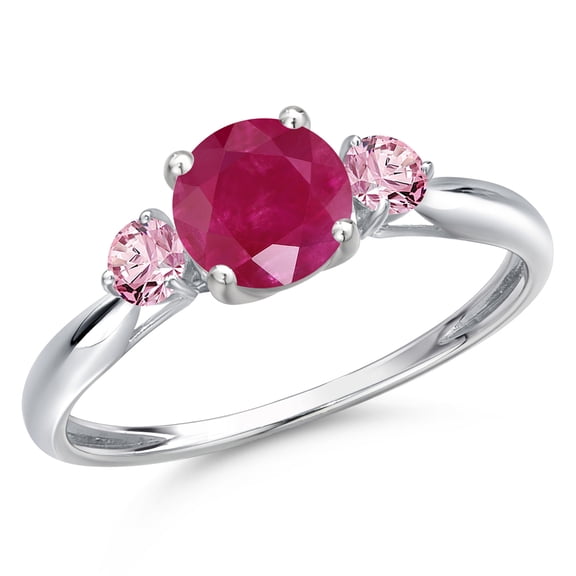 Gem Stone King 10K White Gold Red Ruby and Pink Lab Grown Diamond 3-Stone Ring for Women | 1.26 Cttw | Round 6MM | Gemstone July Birthstone | Size 7