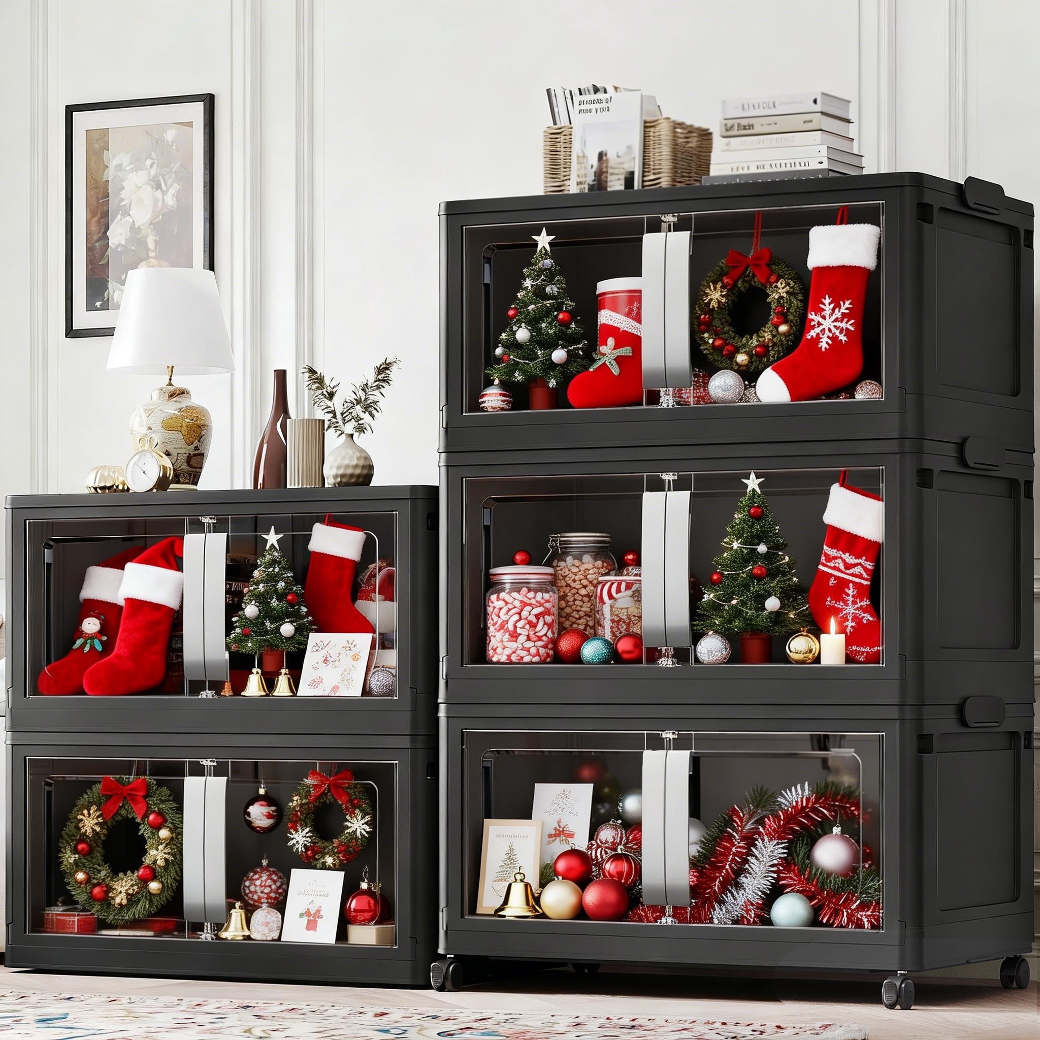 Broview 800Qt Large Stackable Storage Bins with Lids, Plastic Closet Organizers Storage Drawer with Wheels Doors, Toy Clothes Storage Box, Black V70