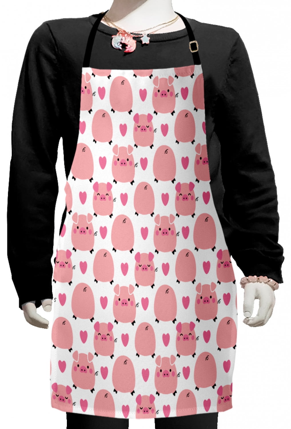 Cartoon Kids Apron, Animals Theme Pattern of Childish Pigs Along Heart Shapes on Plain Background, Boys Girls Apron Bib with Adjustable Ties for Cooking Baking Painting, Multicolor, by Ambesonne