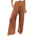 thumbnail image 2 of Rciityk Wide Leg Pants for Women Casual Flowy Straight Pants Solid Color High Waist Drawstring Lounges Trousers with Pockets Brown M, 2 of 7