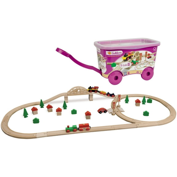 Eichhorn 55-Piece Wooden Train Set with Bridge and Storable Wagon