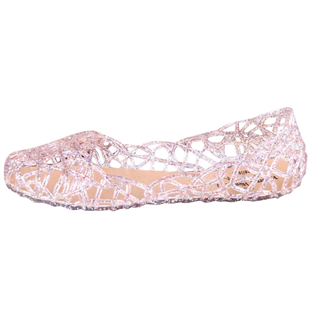 Womens Crystal Shoes Jelly Hollow Sandals Flat Beach Travel Summer Pull On Flats