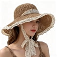 thumbnail image 2 of Helii Women Straw Sun Hat Wide Brim with Lace Trim and Lace Tie, Breathable Woven Beach Hat Adjustable Chin Strap Floppy Summer Cap for Vacation Travel Outdoor Khaki,A, 2 of 5