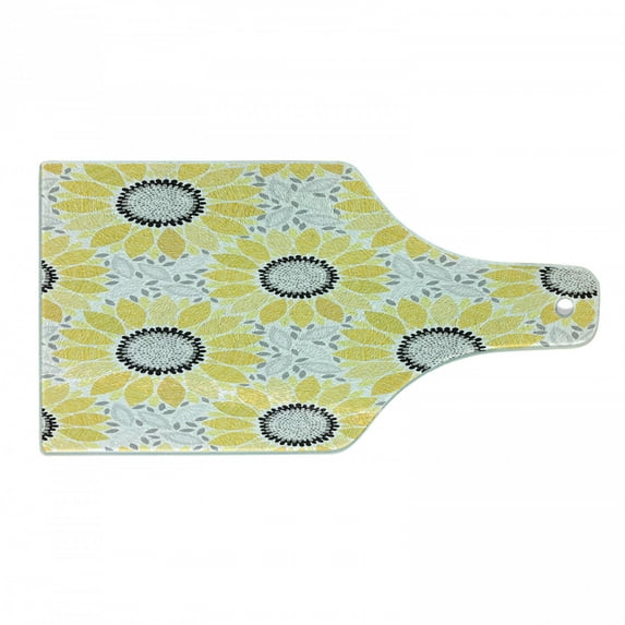 Yellow Cutting Board, Colorful Illustration of Sun Flower with Motifs and Patterns Summer Nature Artprint, Tempered Glass Cutting and Serving Board, Wine Bottle Shape, Yellow Grey, by Ambesonne