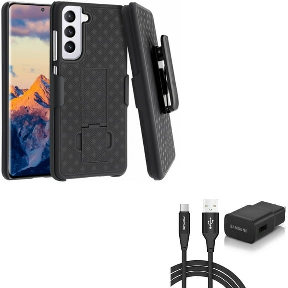 Swivel Holster Case Belt Clip w 6ft USB Cable Type-C Fast Home Charger for Samsung Galaxy S21 FE 5G