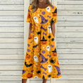 thumbnail image 3 of Women's Halloween Print Round Neck Casual Dress with Pockets Short Sleeve Loose Midi Dress Plus Size for Autumn Daily Wear Yellow S, 3 of 6