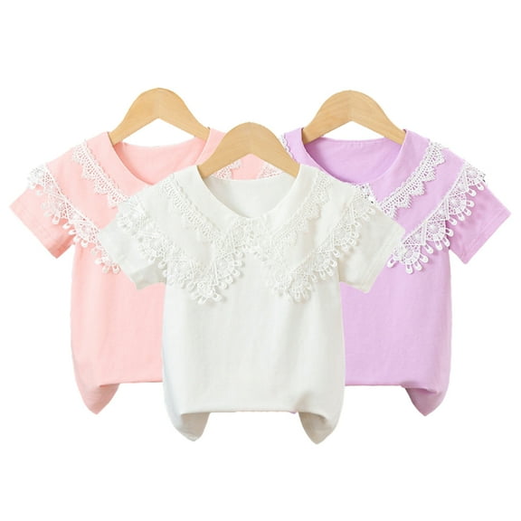 Nmmacb Kids Girls Shirt Solid Color Tee Short Sleeve Top Ruffle Princess Collar Blouse Gift Size 3-11Y