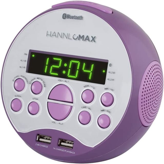 HANNLOMAX HX-129CR Radio Réveil. Radio FM PLL, Écran LED Vert 0,6 Pouces, Bluetooth, Ports USB pour Charge 2,4 A et 1 A/lecture MP3 (Violet)
