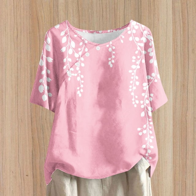 Blouses pour Femmes, Chandail Décontracté Imprimé en Coton Lin Boutons Col Rond Manches Courtes
