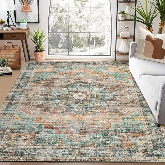 Garvee 8x10 Washable Rugs Boho Tribal Rug Vintage Persian Distressed Area Rug Floral Print Floor Carpet Oriental Carpet for Dining Room Home Office, Green/Brown