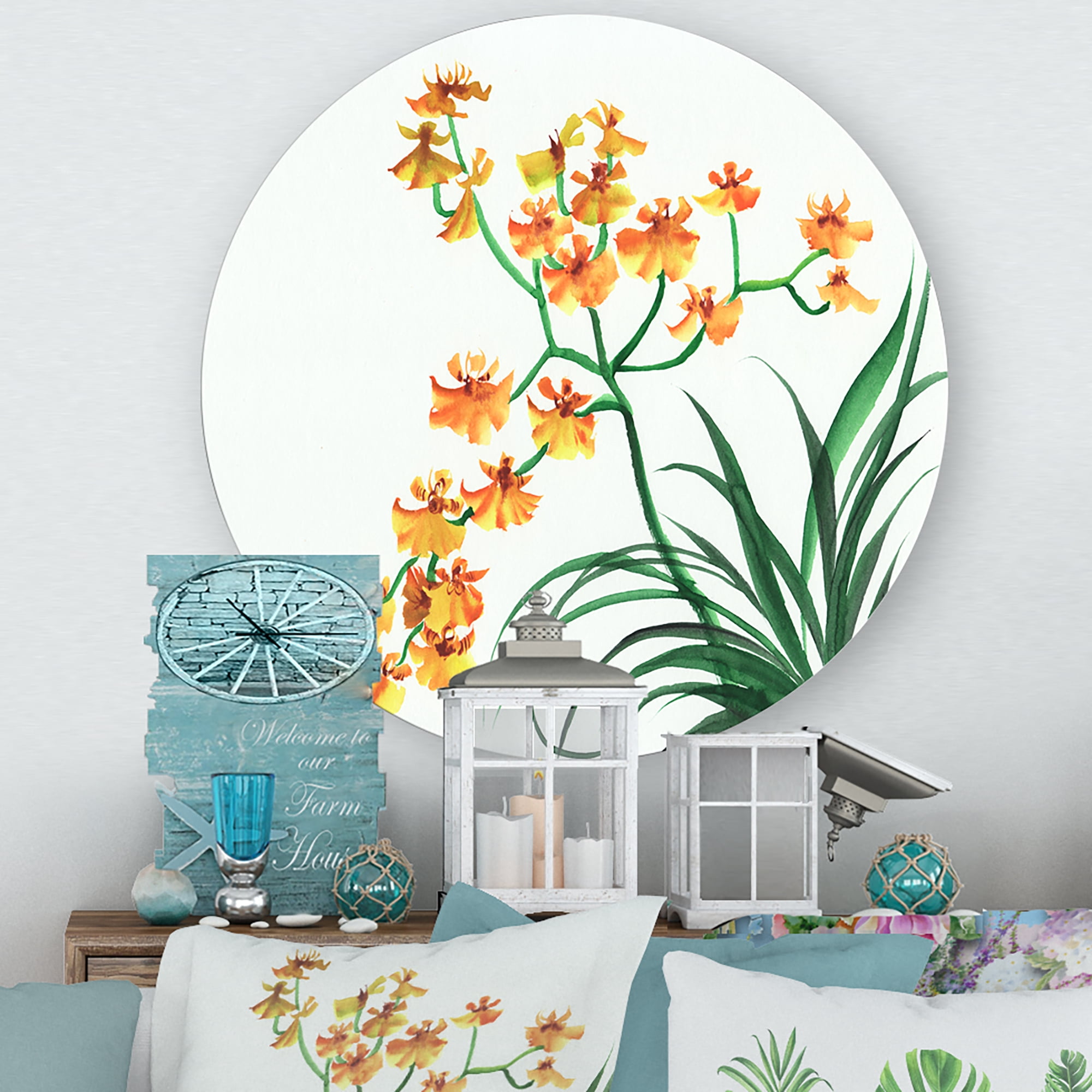 Designart 'Yellow Vintage Orchids On White' Traditional Circle Metal Wall Art 11x11 - Disc of 11