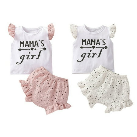 

Feiona Summer New Newborn Baby Girls Clothes Casual Letter Print Short Sleeve T-shirt + dot printing Ruffle Shorts Outfits Set