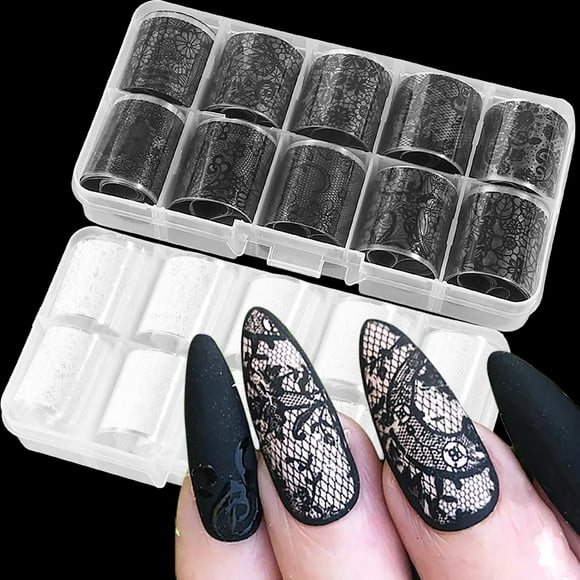 Lámina de uñas SILPECWEE, 20 rollos, encaje, blanco/negro, holográfica