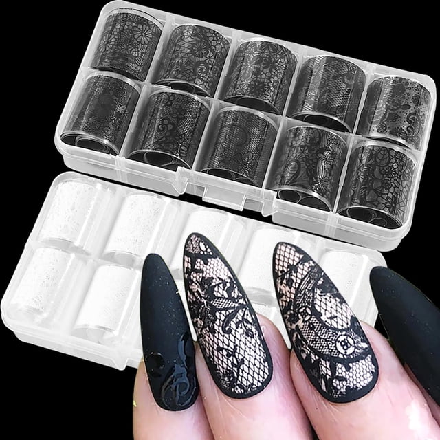 Lámina de uñas SILPECWEE, 20 rollos, encaje, blanco/negro, holográfica