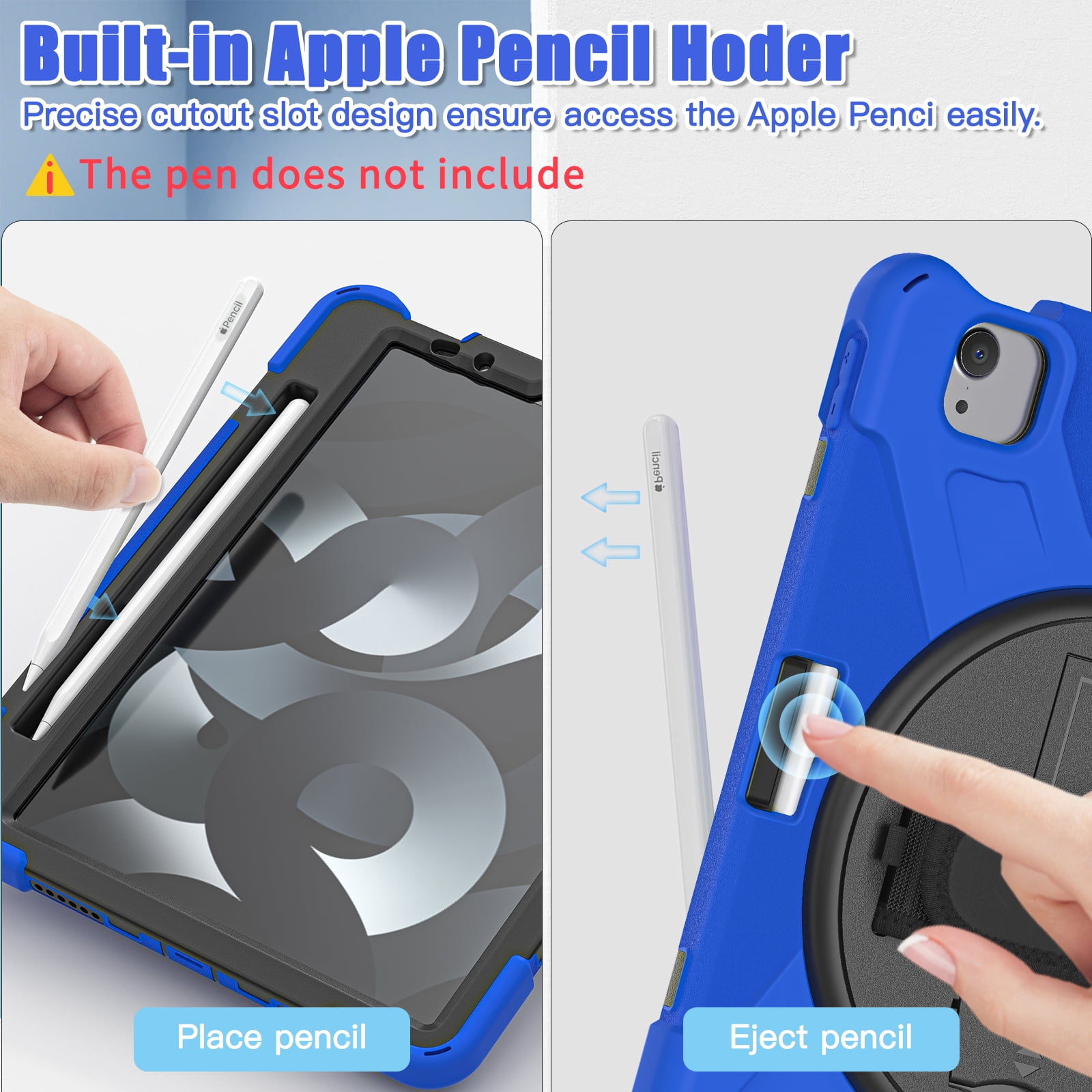 ELEHOLD Case For Apple iPad 11th(A16) 2025/10th Gen 2022, Military Grade Silicone Hybrid Rugged Case with Pencil Holder Rotating Stand Hand/Shoulder Strap,Blue