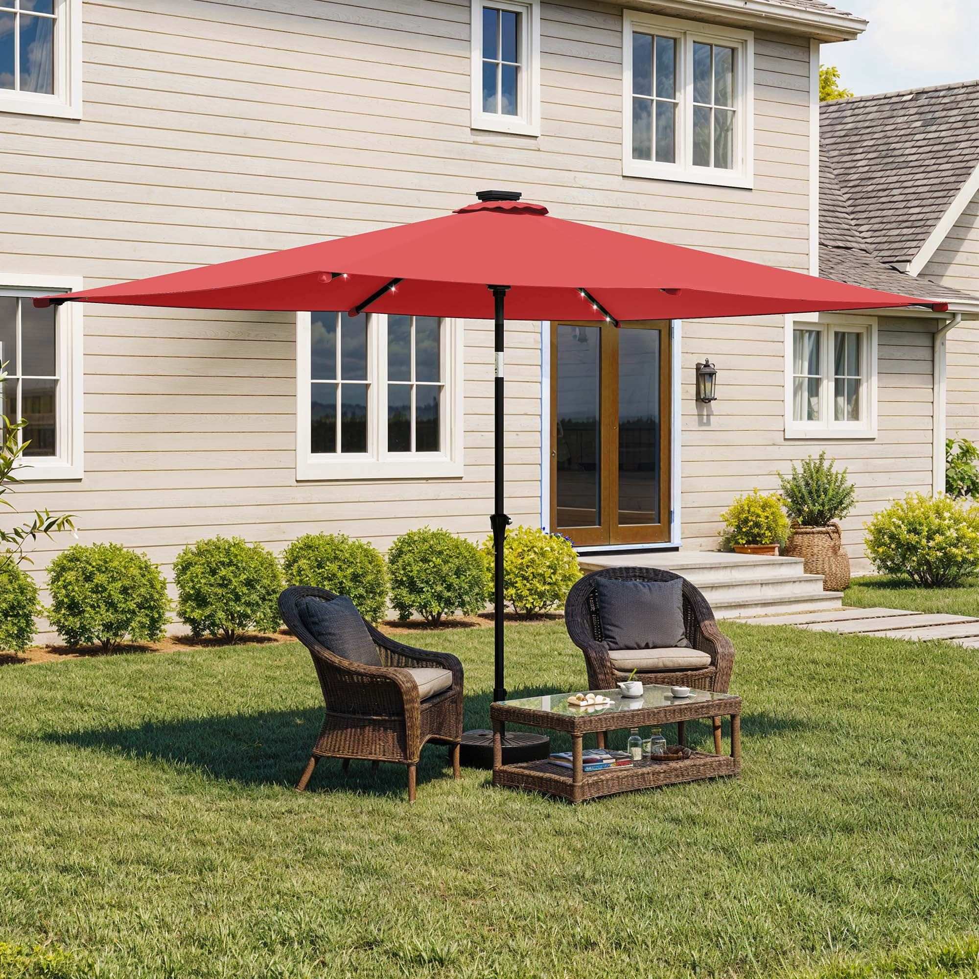 Uforic 6.5' x 10' Patio Umbrellas with 26 LED Lights,Outdoor Portable Shade Market Table Umbrella with Push Button Tilt & Adjust Crank, UV Resistant, Claret-red