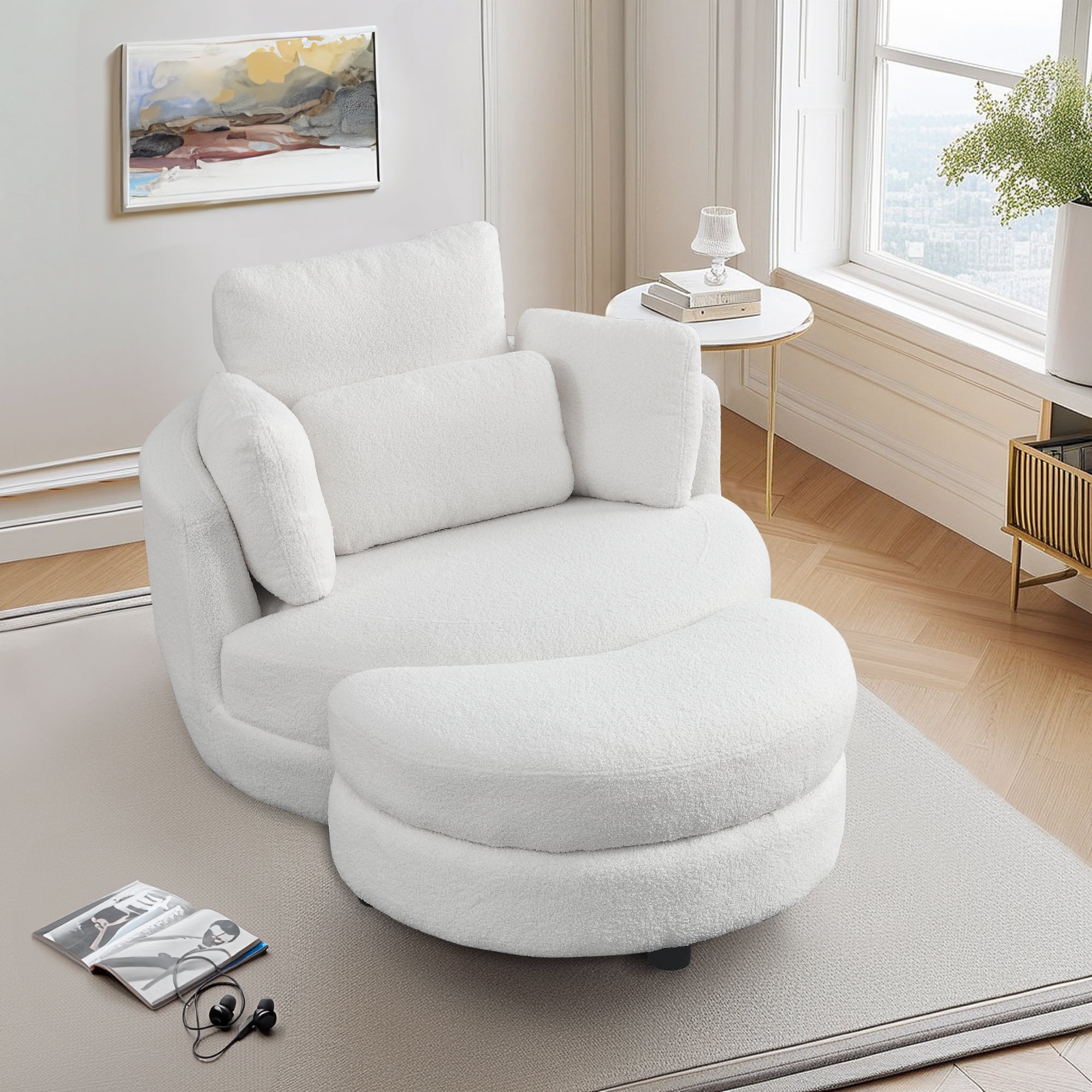 Dinosisco 39"W Oversized Swivel Accent Barrel Chair with Storage Ottoman, Ivory Teddy